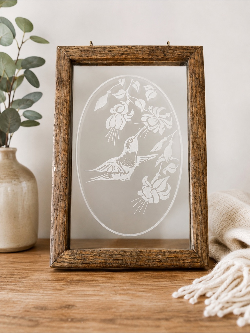 Hummingbird Etched Glass Wall Art Rustic Wood Frame Vintage Cottage Decor